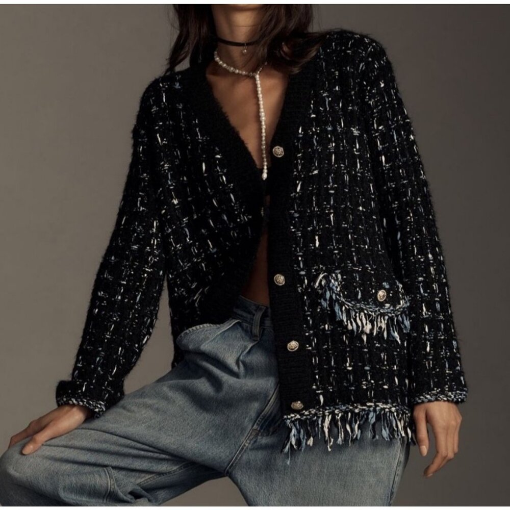 NWT Anthropologie Tweed Fringe Cardigan XS